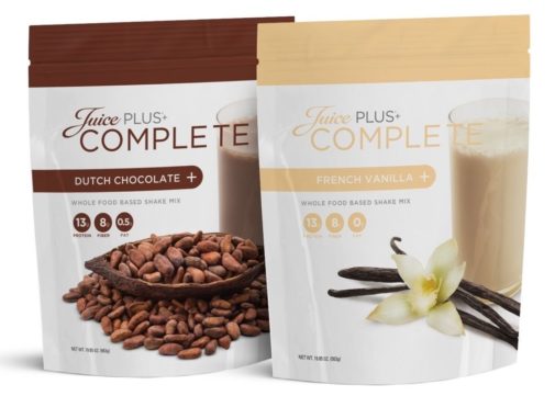 Pouches of Juice Plus Complete chocolate and vanilla shake mixes