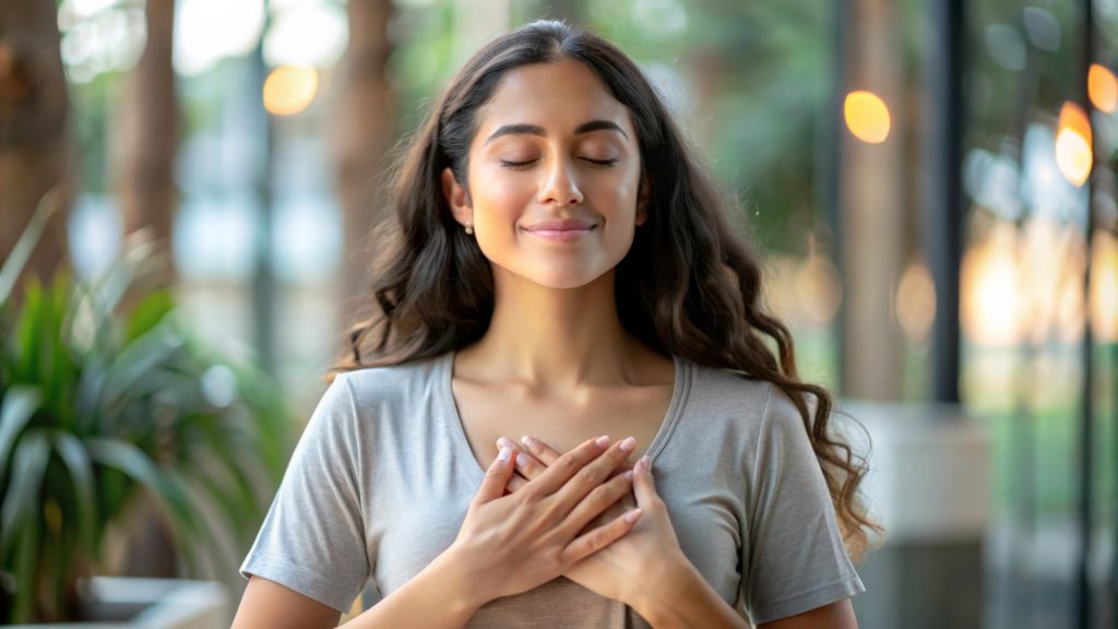Happy calm young Hispanic woman holding hands on chest meditating doing yoga breathing exercises with eyes closed feeling gratitude mental balance standing in green nature tropical park