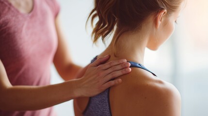 Therapist hand on upper back of female patient