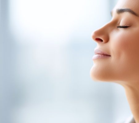 Woman with closed eyes taking a deep breath and enjoying a moment of calm and relaxation in soft natural light